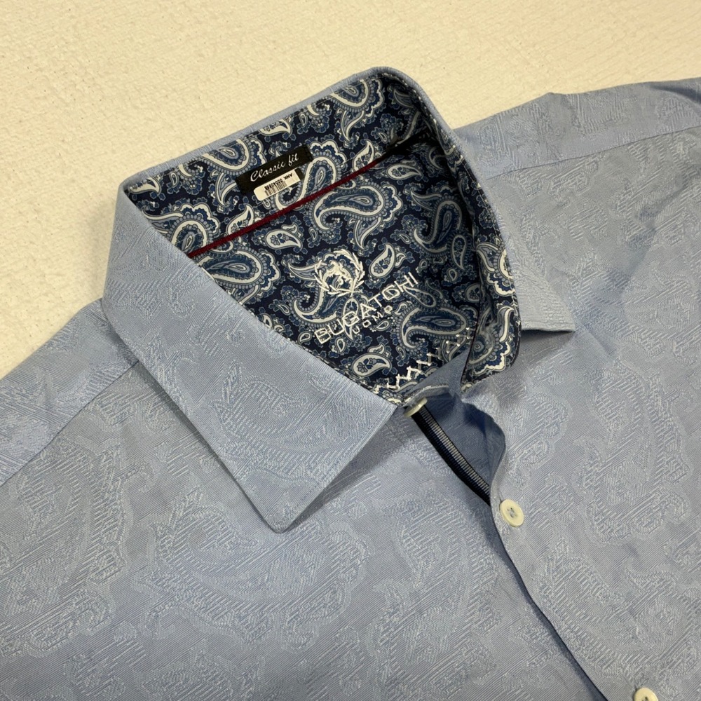 Bugatchi Uomo Mens XL Classic Fit Light‎ Blue Jacquard Paisley Button Down Shirt